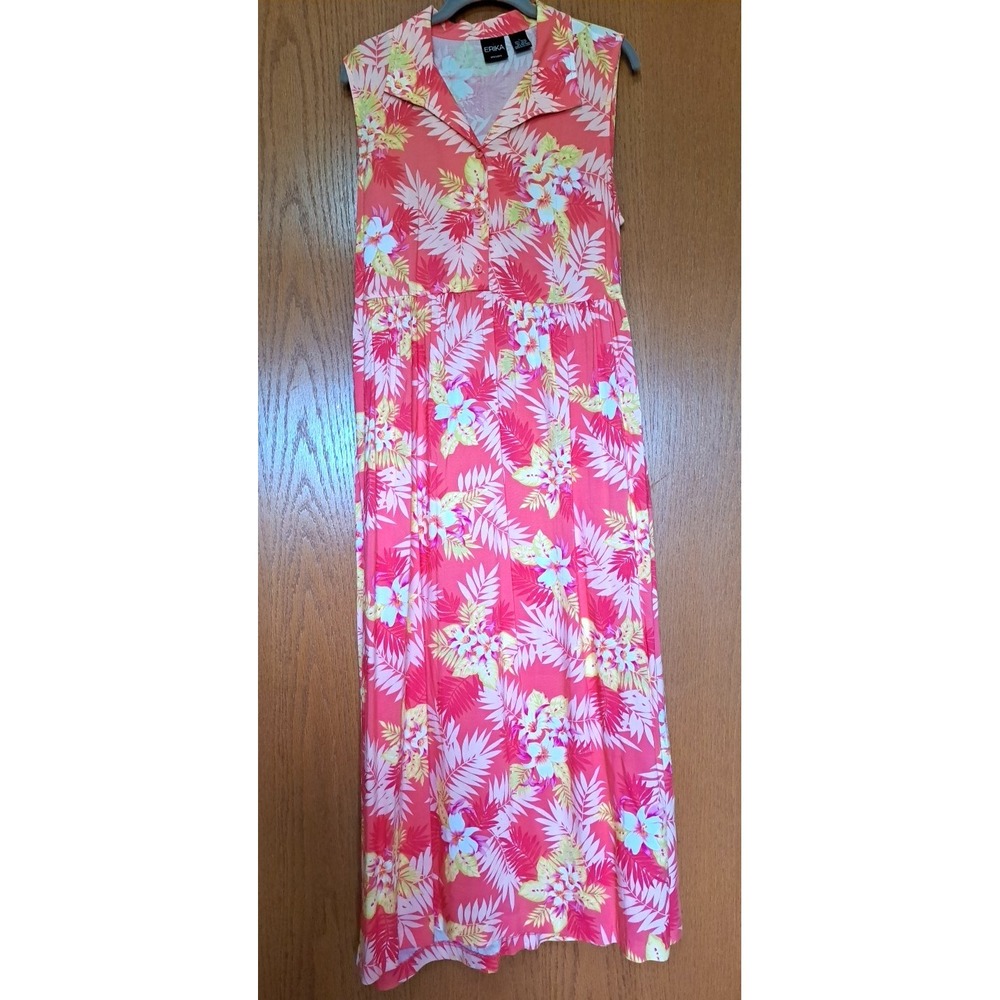 Erika Women's Rayon Floral Sleeveless Button-Up Top Maxi Dress VTG L